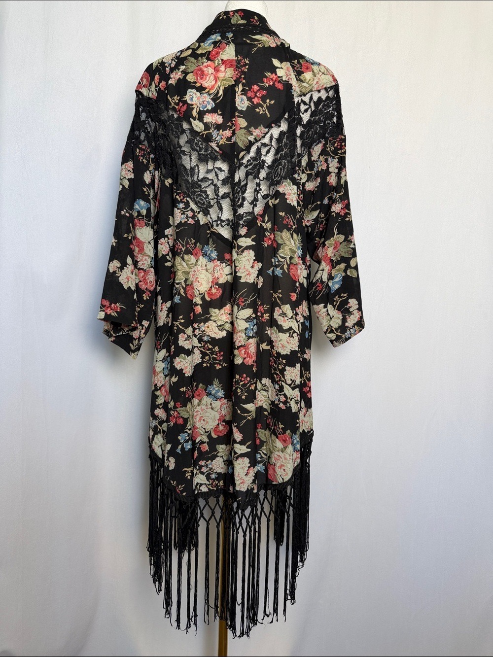 Miss Me Kimono Black Floral Print Lace Inset with Fringe Size M Open Front Sheer - Picture 3 of 8